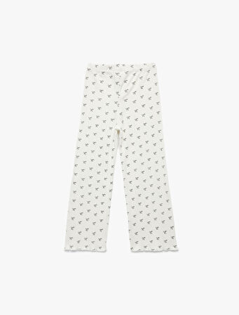 Kaşkorse Viskon Karışımlı Beli Lastikli Fiyonk Baskılı Geniş Paça Pantolon