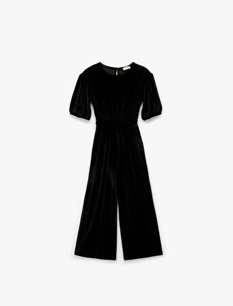 Balon Kollu Bisiklet Yaka Kadife Tulum