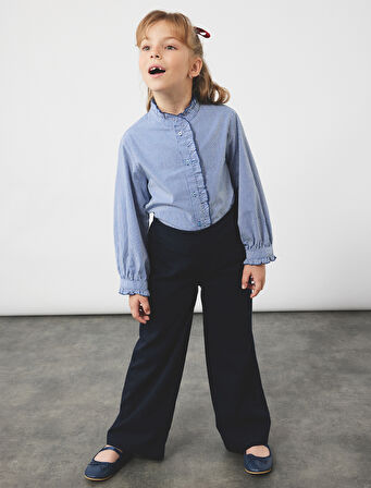 Düğmeli Uzun Kollu Fırfır Detaylı Pamuklu Gömlek