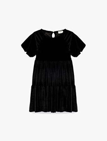 Balon Kollu Bisiklet Yaka Pileli Kadife Elbise