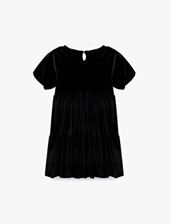 Balon Kollu Bisiklet Yaka Pileli Kadife Elbise