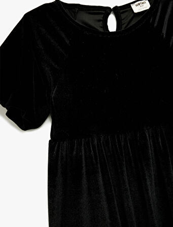 Balon Kollu Bisiklet Yaka Pileli Kadife Elbise