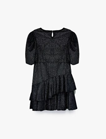 Fırfır Detaylı Kısa Kollu Bisiklet Yaka Simli Elbise