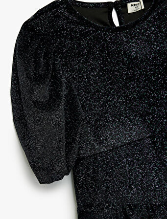 Fırfır Detaylı Kısa Kollu Bisiklet Yaka Simli Elbise