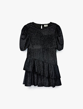 Fırfır Detaylı Kısa Kollu Bisiklet Yaka Simli Elbise