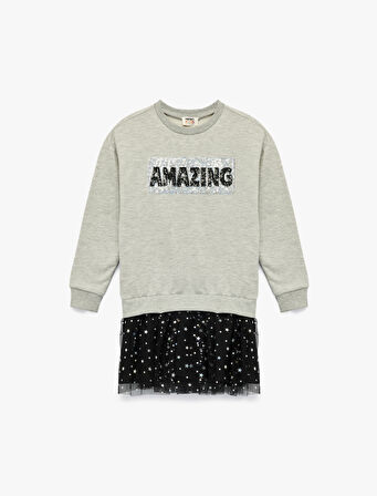 Şardonlu Uzun Kollu Bisiklet Yaka Tül Detaylı  Pullu Payetli Sweat Elbise