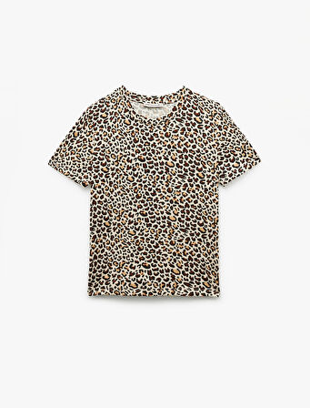 Kısa Kollu Bisiklet Yaka Leopar Desenli Crop Pijama Üstü