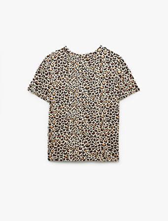 Kısa Kollu Bisiklet Yaka Leopar Desenli Crop Pijama Üstü