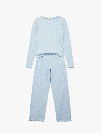 Pamuklu Uzun Kollu Bisiklet Yaka Çiçekli Pijama Takımı