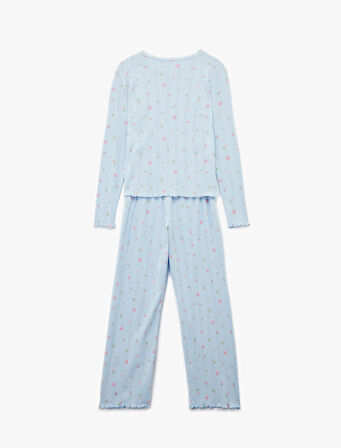 Pamuklu Uzun Kollu Bisiklet Yaka Çiçekli Pijama Takımı