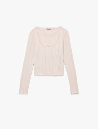 Pamuklu Uzun Kollu U Yaka Crop Pijama Üstü