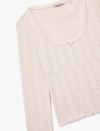 Pamuklu Uzun Kollu U Yaka Crop Pijama Üstü