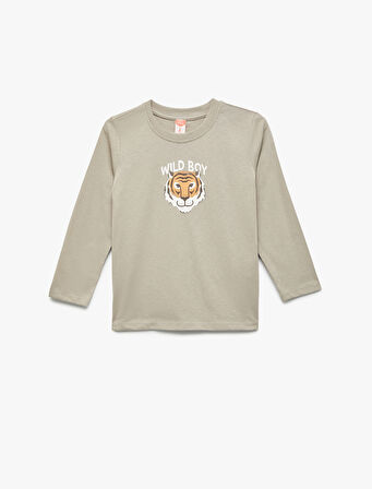 Pamuklu Uzun Kollu Bisiklet Yaka Kaplan Baskılı Tişört