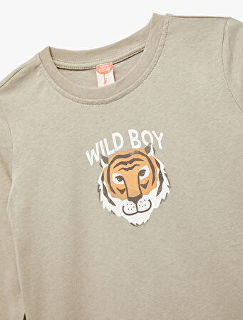 Pamuklu Uzun Kollu Bisiklet Yaka Kaplan Baskılı Tişört