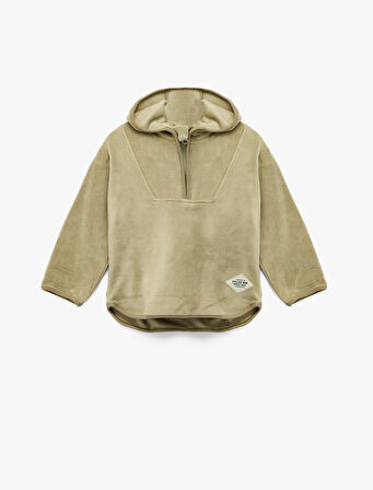 Uzun Kollu Yarım Fermuarlı Polar Kapşonlu Sweatshirt