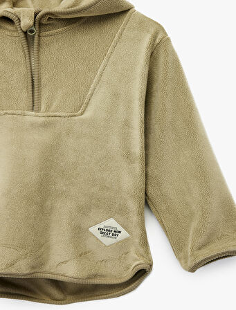 Uzun Kollu Yarım Fermuarlı Polar Kapşonlu Sweatshirt