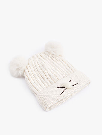 Ponpon Detaylı Kedi Figürlü Triko Bere