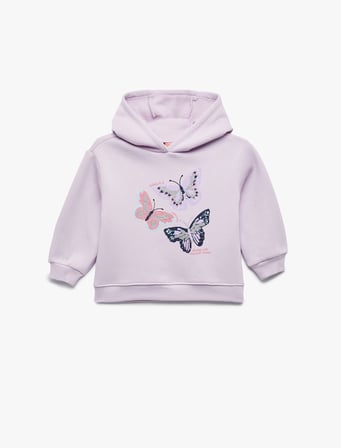 Uzun Kollu Kapşonlu Kelebek Baskılı Sweatshirt