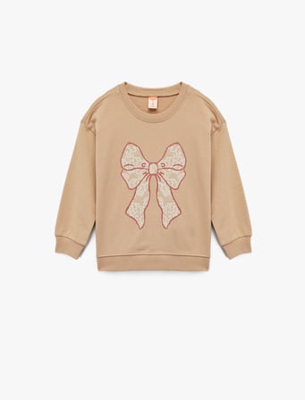 Pamuklu Uzun Kollu Fiyonk Baskılı Bisiklet Yaka Şardonlu Sweatshirt