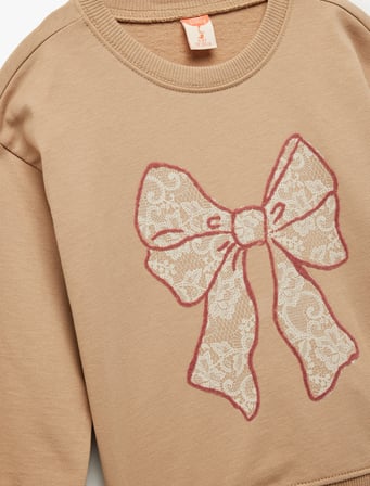 Pamuklu Uzun Kollu Fiyonk Baskılı Bisiklet Yaka Şardonlu Sweatshirt