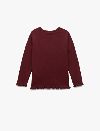 Pamuklu Uzun Kollu Bisiklet Yaka Kalp Nakış Detaylı Tişört