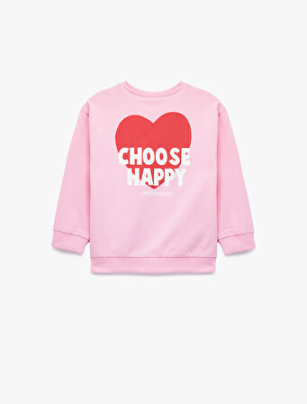 Uzun Kollu Bisiklet Yaka Kalp Baskılı Pamuklu Sweatshirt