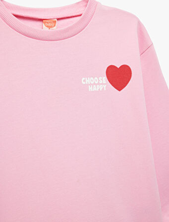 Uzun Kollu Bisiklet Yaka Kalp Baskılı Pamuklu Sweatshirt