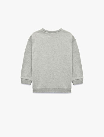 Kalp Baskılı Uzun Kollu Bisiklet Yaka Pamuklu Sweatshirt