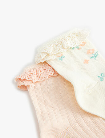 Pamuklu Çiçekli Dantel Detaylı 2'li Soket Çorap Seti