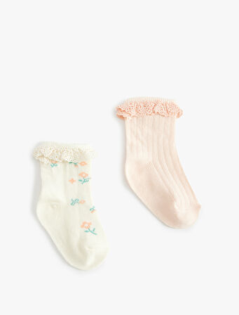 Pamuklu Çiçekli Dantel Detaylı 2'li Soket Çorap Seti