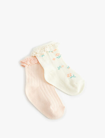 Pamuklu Çiçekli Dantel Detaylı 2'li Soket Çorap Seti