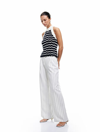 Viskon Çizgili Cepli Geniş Paça Palazzo Pantolon