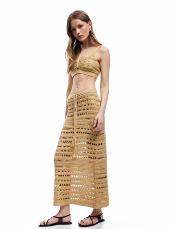 Yarım Astarlı Beli Bağcıklı Uzun Kroşe Kalem Etek