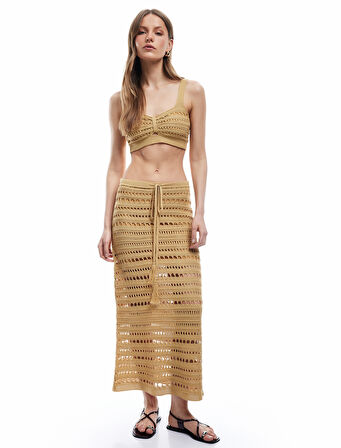 Yarım Astarlı Beli Bağcıklı Uzun Kroşe Kalem Etek