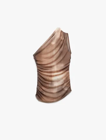 Slim Fit Drape Detaylı Batik Desenli Tek Omuz Bluz
