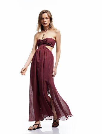 Viskon Kumaş Pencere Detaylı Boyundan Bağlamalı İnce Askılı Uzun Elbise