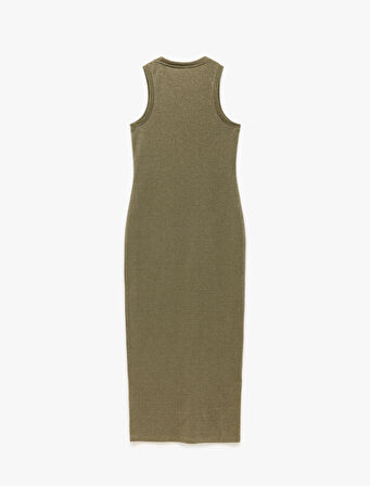 Skinny Fit Bisiklet Yaka Parıltılı Kolsuz Uzun Kalem Bodycon Elbise
