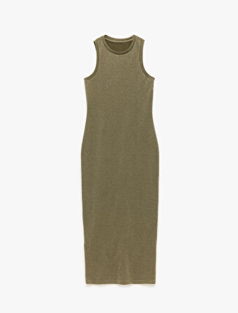 Skinny Fit Bisiklet Yaka Parıltılı Kolsuz Uzun Kalem Bodycon Elbise
