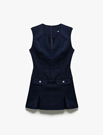 Aplike Detaylı Kolsuz Yuvarlak Kesik Yaka A Kesim Pileli Mini Elbise