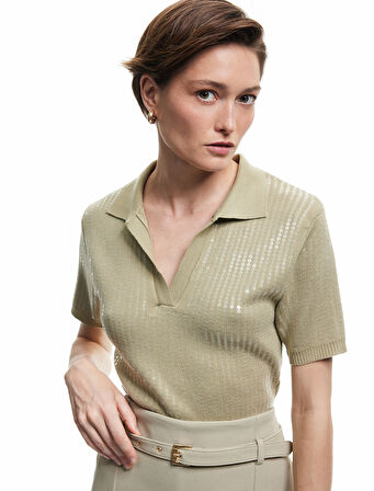 Pullu Payetli Kısa Kollu Triko Polo Yaka Kazak