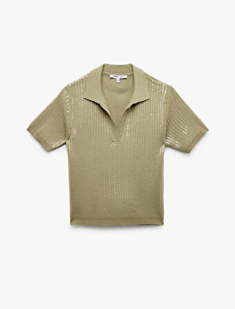 Pullu Payetli Kısa Kollu Triko Polo Yaka Kazak