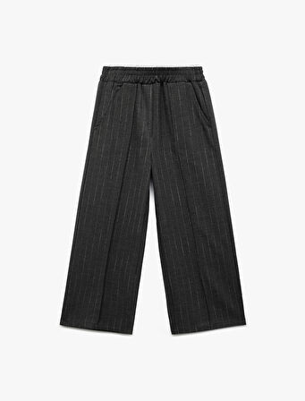 Viskon Karışımlı Beli Lastikli Kontrast Detaylı Geniş Paça Çizgili Pantolon