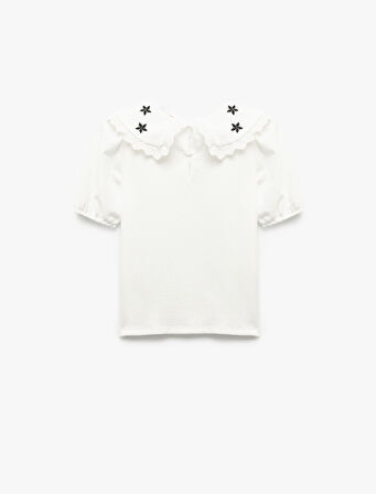 Kısa Kollu Çiçek İşlemeli Bürümcük Bebe Yaka Bluz