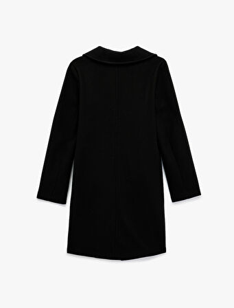 Uzun Kollu Düğmeli Cepli Kruvaze Uzun Kaşe Kaban