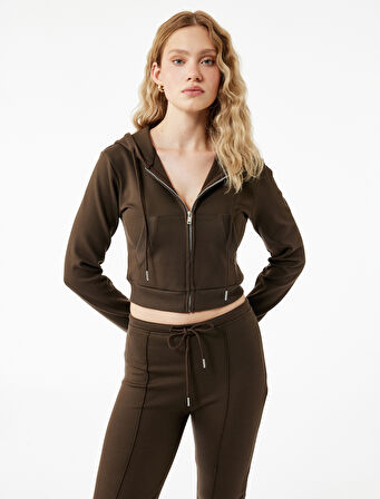 Pamuklu Cepli Uzun Kollu Fermuarlı Kapüşonlu Crop Sweatshirt