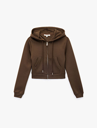Pamuklu Cepli Uzun Kollu Fermuarlı Kapüşonlu Crop Sweatshirt