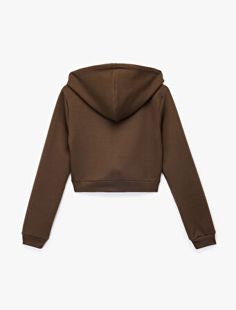 Pamuklu Cepli Uzun Kollu Fermuarlı Kapüşonlu Crop Sweatshirt
