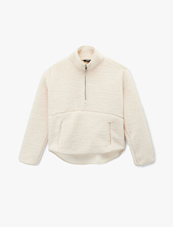 Uzun Kollu Cepli Yarım Fermuarlı Spor Peluş Sweatshirt
