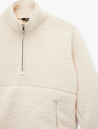 Uzun Kollu Cepli Yarım Fermuarlı Spor Peluş Sweatshirt