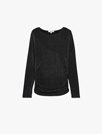 Slim Fit Uzun Kollu Yuvarlak Kayık Yaka Simli Tişört